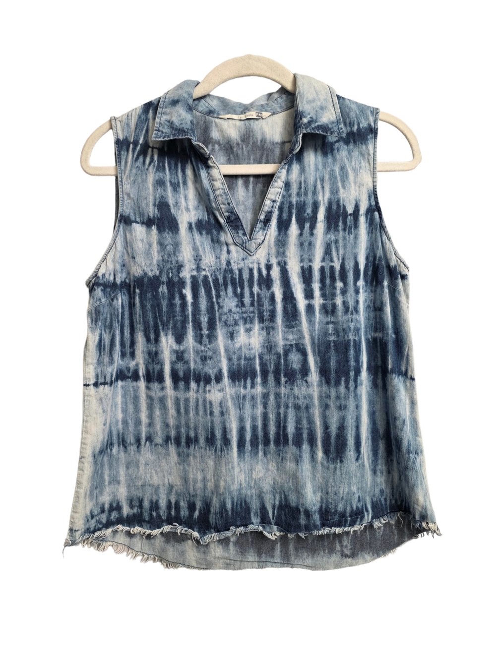 Sleeveless Blue & White Tie-Dye Collared V-Neck Top Size Medium P